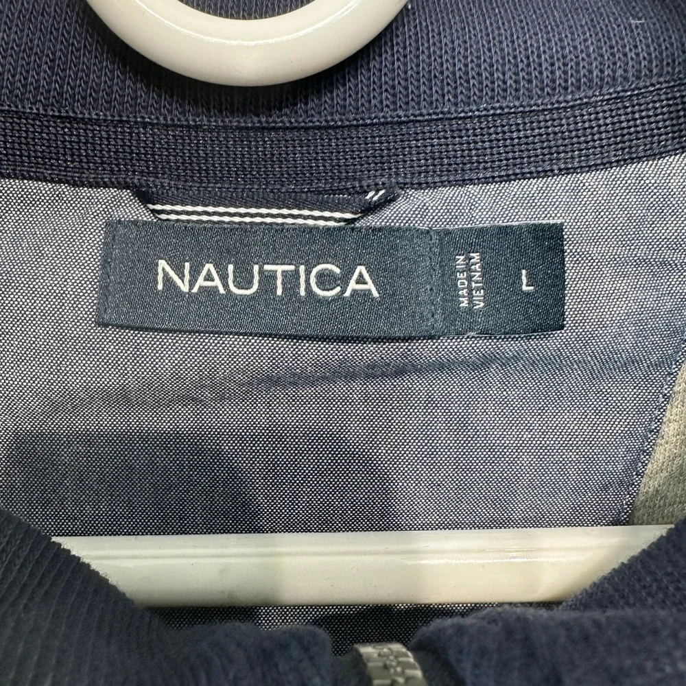 Nautica Mens Grey w/ Navy Full Zip Mock‎ Neck Knit Jacket Navy Accent Logo Large